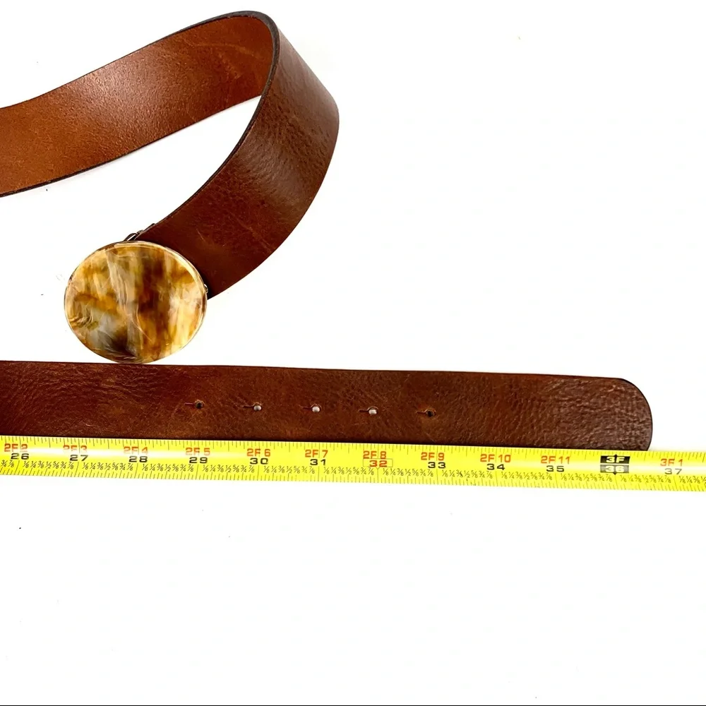 Italian Made 2” Brown Leather Belt With 2.5”Polished Stone Buckle Size M